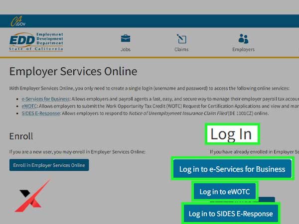 Under the ‘Log In’ section, click on either of the services offered by Employer Services Online.